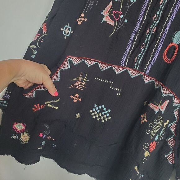 XL JOHNNY WAS EMBROIDERED COTTON LIGHTWEIGHT BOHO TUNIC TOP NAVY FRONT POCKET - Picture 9 of 15